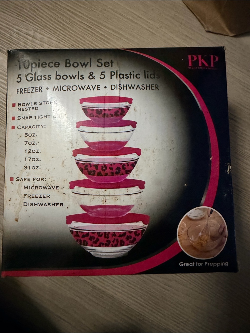 Leopard Print Pink Glass Bowl Set with Lids - 10 Piece